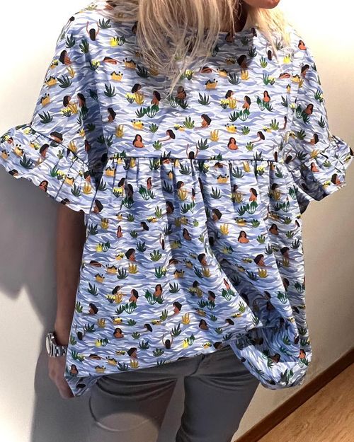 Puff sleeve printed loose top e00b