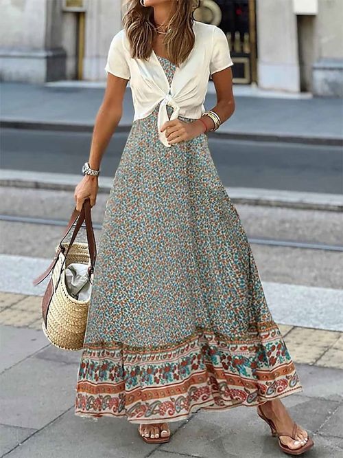 Women's Two Piece Dress Set Casual Dress Swing Dress Outdoor Daily Vintage Ethnic Lace up Print Long Dress Maxi Dress V Neck Short Sleeve Floral Paisley Regular Fit Green Summer Spring S M L XL XXL
#9552340