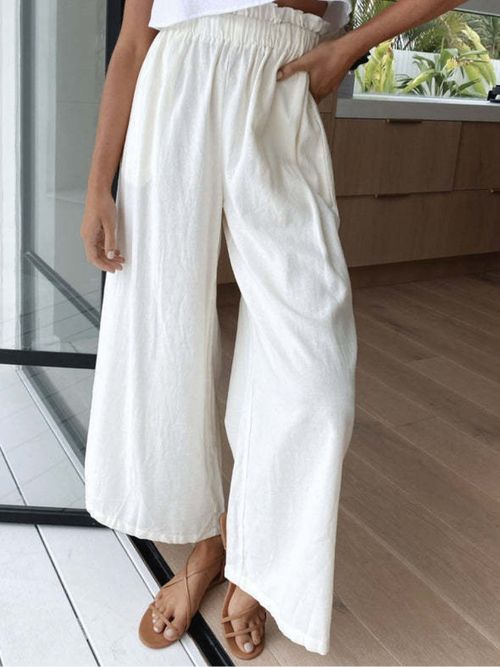 Solid Color Pocket Wide Leg Casual Pants