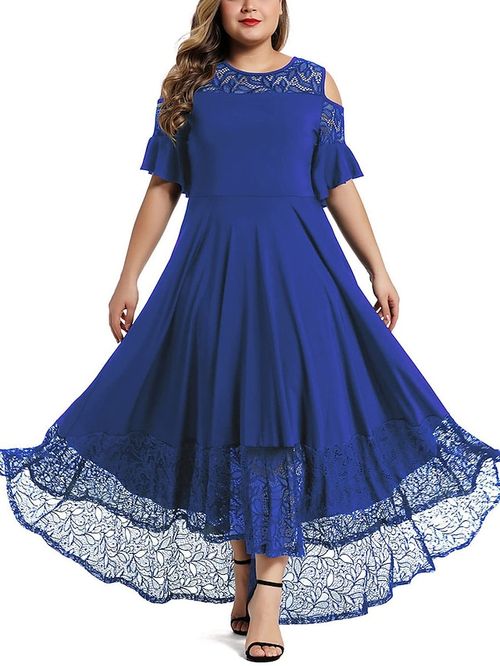 Women's Plus Size Work Dress Sheath Dress Solid Color Long Dress Maxi Dress Short Sleeve Lace Patchwork Crew Neck Elegant Outdoor Wine Blue Summer Spring XL XXL 3XL 4XL 5XL
#9547922