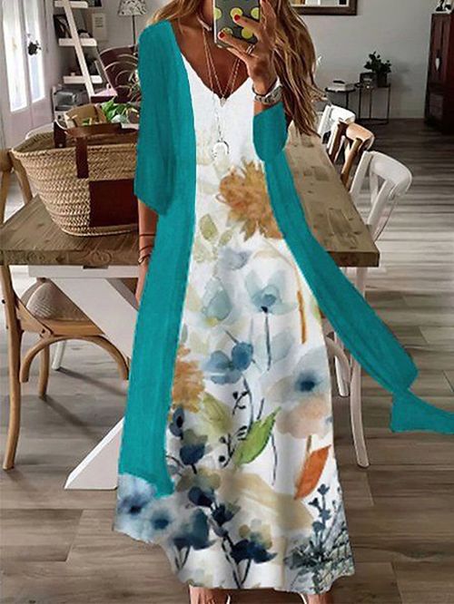 Women's Two Piece Dress Set Casual Dress Shift Dress Daily Holiday Fashion Streetwear Print Long Dress Maxi Dress V Neck Long Sleeve Floral Regular Fit Green Summer Spring S M L XL XXL
#9553778