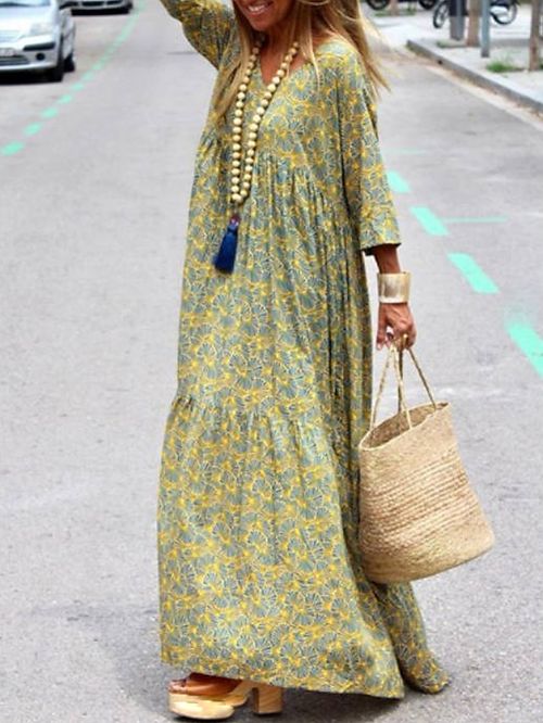 Women's Long Dress Maxi Dress Casual Dress Print Dress Spring Dress Print Fashion Casual Daily Holiday Vacation Ruched Print 3/4 Length Sleeve V Neck Dress Loose Fit Yellow Summer Spring S M L XL XXL
#9547214