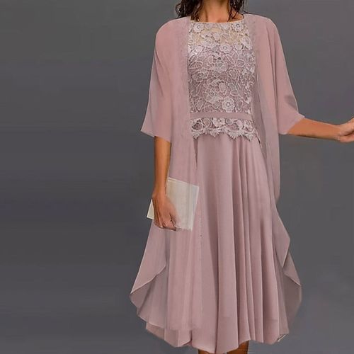 Pink Lace Half Sleeve Midi Dress