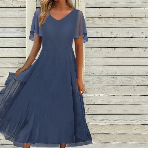 Blue Short Sleeve Plain Midi Dress