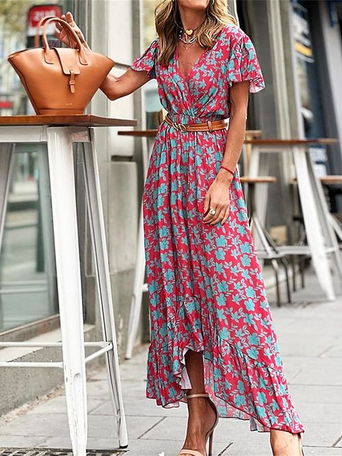 Women's Long Dress Maxi Dress Casual Dress Summer Dress Print Dress Floral Streetwear Casual Outdoor Daily Vacation Ruffle Asymmetric Short Sleeve V Neck Dress Regular Fit Red Purple Orange Summer
#9533161