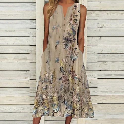 Youthful Brown Print Sleeveless Midi Dress