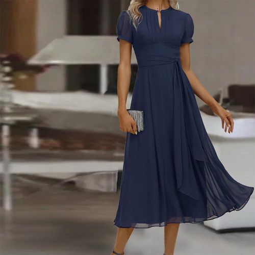 Distinctive Navy Plain Short Sleeve Midi Dress