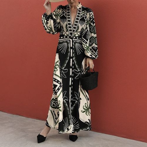 Elegant Long Sleeve Print Maxi Dress