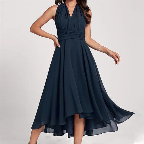 Navy Plain Sleeveless Midi Dress