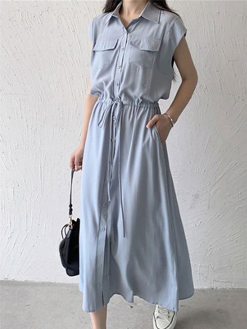 Women's Long Dress Maxi Dress Shirt Dress Casual Dress Pure Color Streetwear Casual Outdoor Daily Going out Pocket Drawstring Short Sleeve Shirt Collar Dress Loose Fit Black White Blue Summer Spring
#9550327