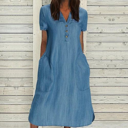 Blue Plain Side Pocket Midi Dress