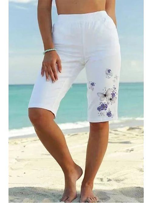 Women's Shorts White Fashion Casual Weekend Knee Length Comfort Floral S M L XL XXL