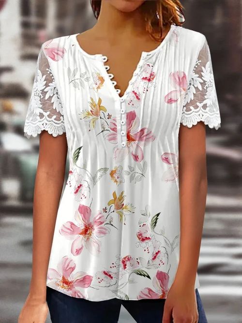 Women's Short Sleeve V-Neck Lace Graphic Floral Printed Top