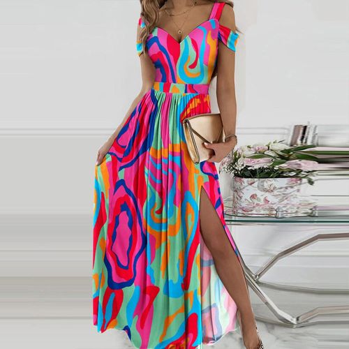 Colorful Swirl Cold Shoulder High Slit Maxi Dress