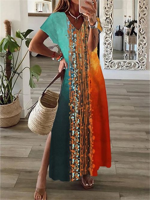 Women's Long Dress Maxi Dress Casual Dress Summer Dress Print Dress Floral Ombre Fashion Streetwear Outdoor Daily Going out Split Print Short Sleeve V Neck Dress Regular Fit Light Green Red Dark Green
#9548099