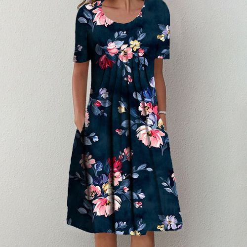 Navy Round Neck Short Sleeve Midi Dress