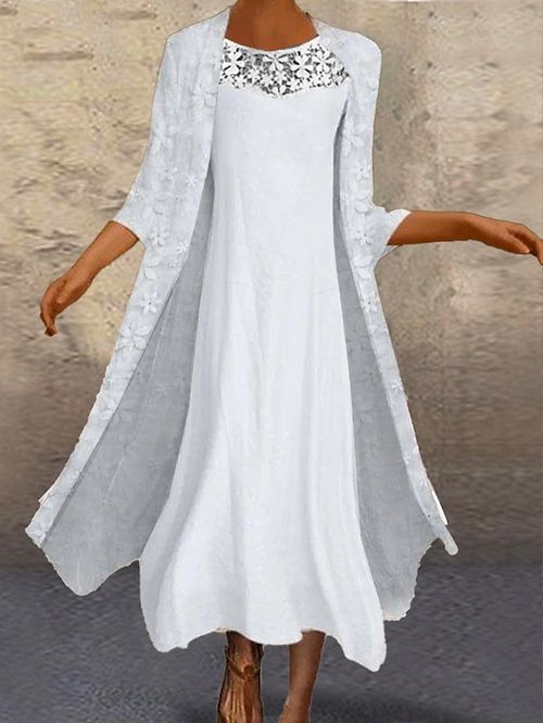 Women's Casual Dress Cotton Linen Dress Dress Set Maxi long Dress Cotton Blend Elegant Modern Outdoor Daily Vacation Crew Neck Lace Patchwork 3/4 Length Sleeve Summer Spring Autumn 2023 Loose Fit
#9551905