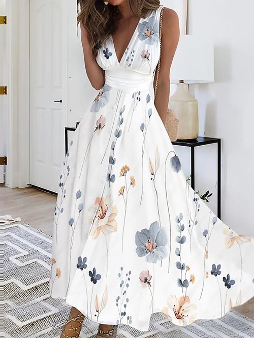 Women's Long Dress Maxi Dress Casual Dress Swing Dress A Line Dress Floral Fashion Streetwear Outdoor Daily Date Print Sleeveless V Neck Dress Regular Fit White Yellow Blue Summer Spring S M L XL XXL
#9548088