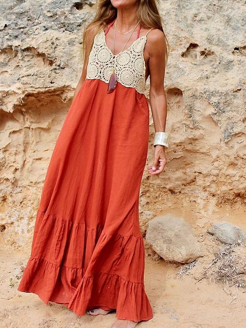 Women's Casual Dress Cotton Linen Dress Maxi long Dress Cotton Blend Fashion Modern Outdoor Daily Vacation Spaghetti Strap Lace Ruffle Sleeveless Summer Spring 2023 Loose Fit Orange Color Block S M L
#9555311