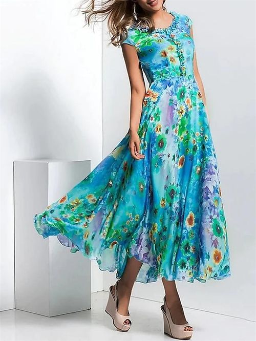 Women's Long Dress Maxi Dress Casual Dress Chiffon Dress Swing Dress Floral Fashion Streetwear Outdoor Daily Holiday Ruffle Print Short Sleeve V Neck Dress Regular Fit Blue Summer Spring S M L XL XXL
#9547200