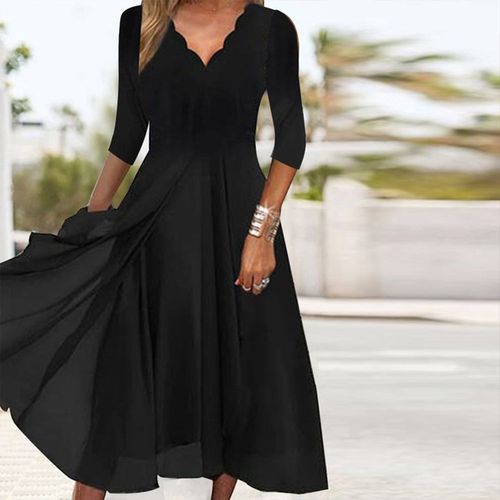 Solid Black Layered 3/4 Sleeve Midi Dress