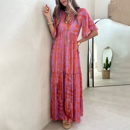 Pink Orange Watercolor Print Tiered Maxi Dress