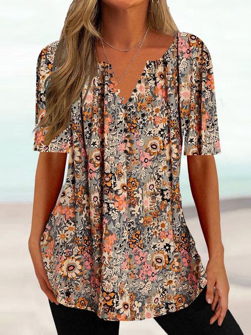 Women Half Sleeve V-neck Floral Printed Tops