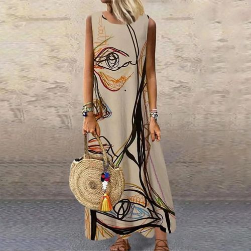 Abstract Art Apricot Sleeveless Shift Maxi Dress