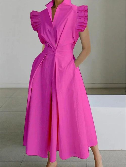 Women's Long Dress Maxi Dress Shirt Dress Casual Dress A Line Dress Plain Fashion Casual Outdoor Office Daily Ruffle Button Short Sleeve Shirt Collar Dress Loose Fit Fuchsia Summer Spring S M L XL XXL
#9543164