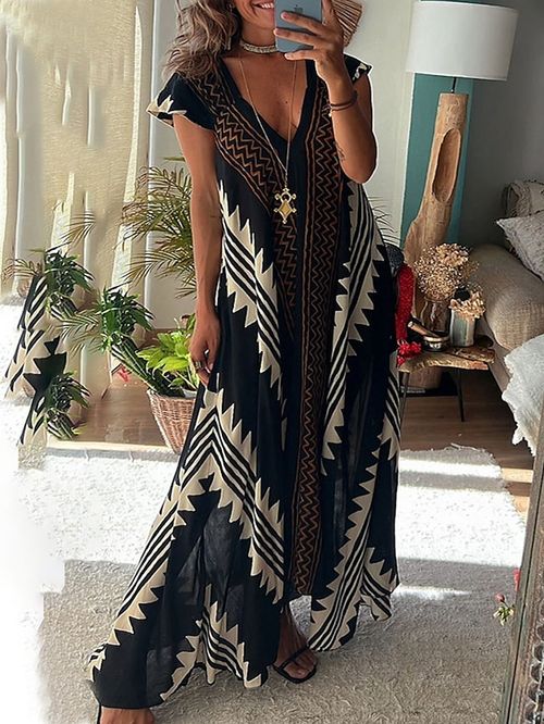 Women's Long Dress Maxi Dress Casual Dress Swing Dress Summer Dress Geometric Striped Modern Casual Outdoor Daily Holiday Mesh Print Short Sleeve V Neck Dress Loose Fit Black Summer Spring S M L XL