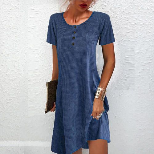 Blue Round Neck Plain Mini Dress