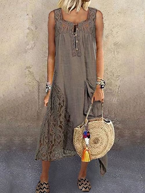 Women's Casual Dress Cotton Linen Dress Maxi long Dress Cotton Blend Fashion Modern Outdoor Daily Vacation Spaghetti Strap Lace Patchwork Sleeveless Summer Spring 2023 Regular Fit khaki Plain S M L
#9553333