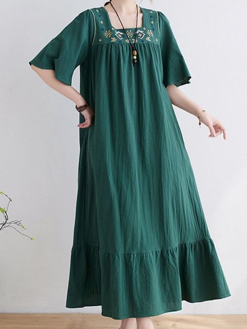 Women's Casual Dress Cotton Linen Dress Swing Dress Maxi long Dress Bamboo Fashion Modern Daily Vacation Beach Square Neck Ruched Ruffle Half Sleeve Summer Spring Autumn 2023 Regular Fit White Yellow
#9548496