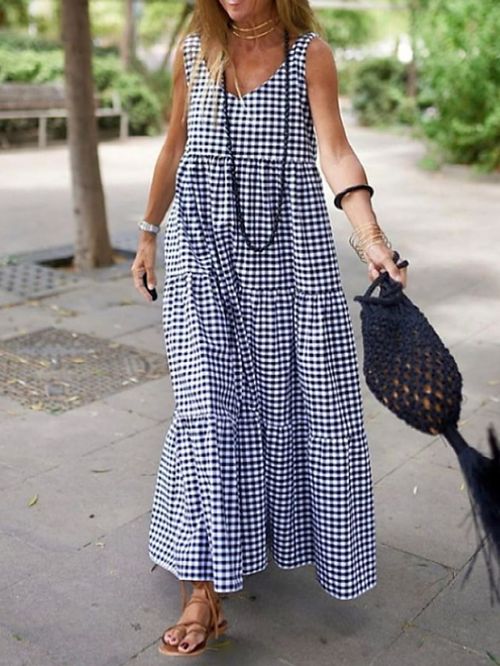 Women's Long Dress Maxi Dress Casual Dress Swing Dress Tank Dress Plaid Fashion Classic Daily Holiday Vacation Ruched Patchwork Sleeveless V Neck Dress Regular Fit Black Summer Spring S M L XL XXL
#9554507