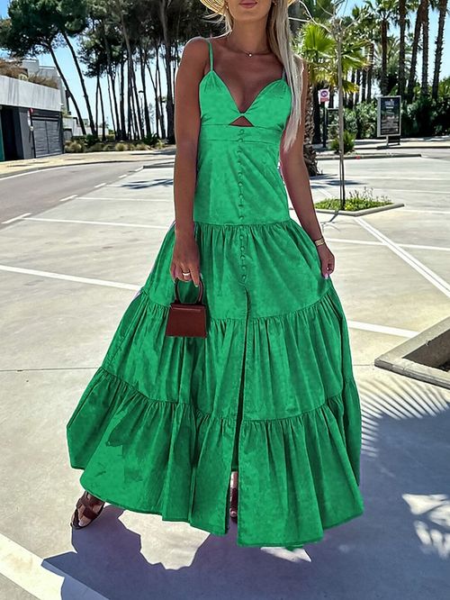 Women's Long Dress Maxi Dress Casual Dress Swing Dress Summer Dress Plain Fashion Modern Daily Holiday Vacation Ruffle Patchwork Sleeveless Strap Dress Slim Green Summer Spring S M L XL XXL
#9554495