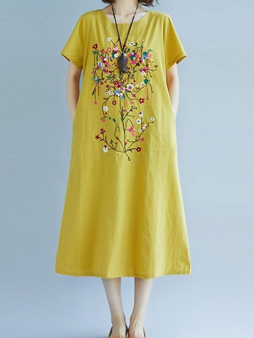 Women's Casual Dress Cotton Linen Dress Shift Dress Maxi long Dress Bamboo Fashion Modern Outdoor Daily Vacation Crew Neck Embroidered Short Sleeve Summer Spring 2023 Regular Fit Yellow Red Green
#9550234