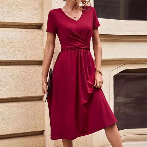 Burgundy Plain V-Neck Midi Dress