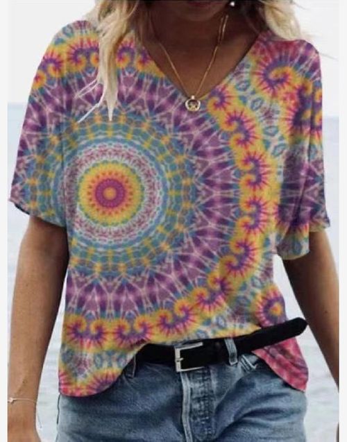 Retro Mandala Floral Tie Dye Printed V-neck T-Shirt