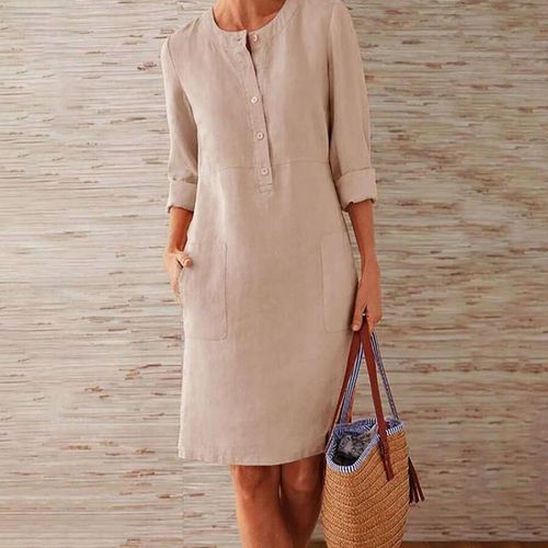 Cotton Linen  Cotton Linen Plus Size Women's Cotton Linen Round Neck Long Sleeve Dress