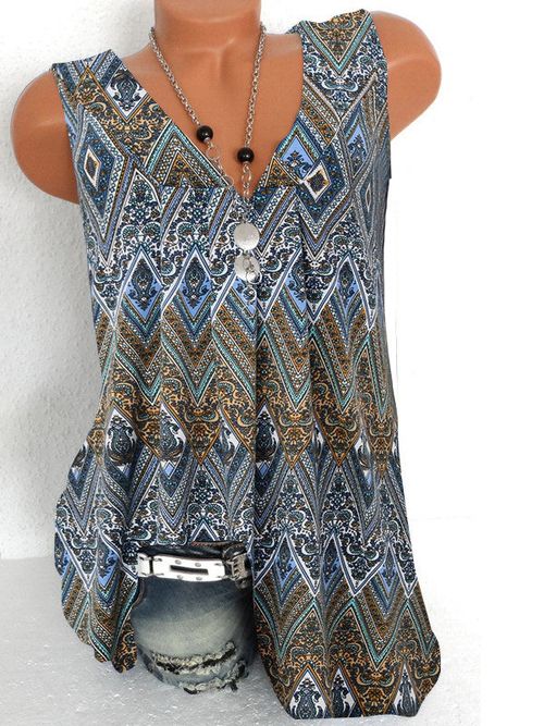 Women Sleeveless V-neck Printed Stitching Top Dress