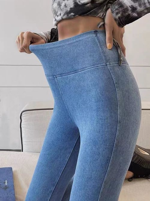 High elastic plain washed denim Leggings