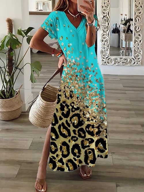 Women's Long Dress Maxi Dress Casual Dress Summer Dress Print Dress Leopard Ombre Fashion Streetwear Outdoor Daily Going out Split Print Short Sleeve V Neck Dress Regular Fit Yellow Blue Sky Blue
#9530708