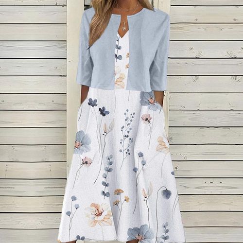 Twofer Floral Print White Midi Dress