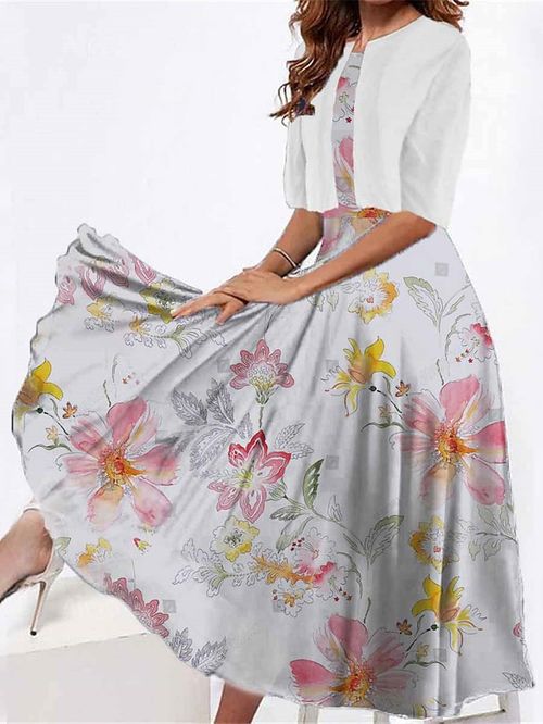 Women's Two Piece Dress Set Casual Dress Swing Dress Outdoor Daily Fashion Elegant Print Long Dress Maxi Dress Crew Neck Half Sleeve Floral Loose Fit Gray Summer Spring S M L XL XXL
#9555595