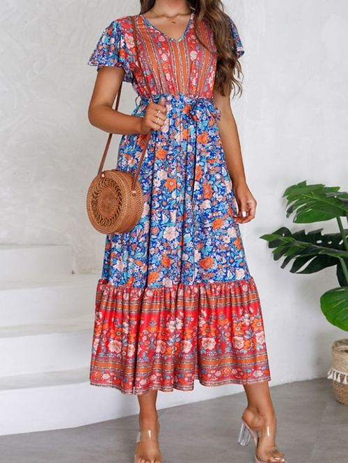 Women's Long Dress Maxi Dress Summer Dress Boho Dress Print Dress Floral Fashion Casual Daily Holiday Date With Belt Print Short Sleeve V Neck Dress Regular Fit Red Blue Green Summer Spring S M L XL
#9554405