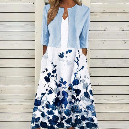 Fresh Half Sleeve Print Midi Dress