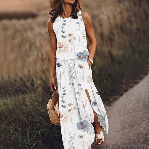 Fresh White Colorful Flower Print Illusion Maxi Dress