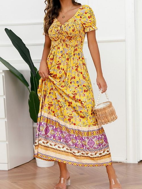 Women's Long Dress Maxi Dress Summer Dress Boho Dress Print Dress Floral Print Fashion Casual Daily Holiday Date Drawstring Print Short Sleeve V Neck Dress Regular Fit Yellow Blue Orange Summer Spring
#9554510