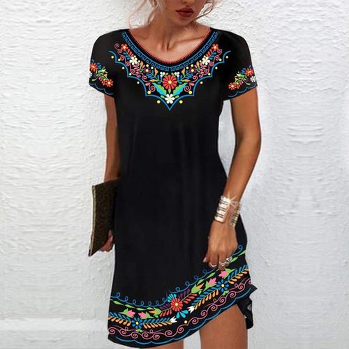 Colorful Floral Trim Black Mini Dress