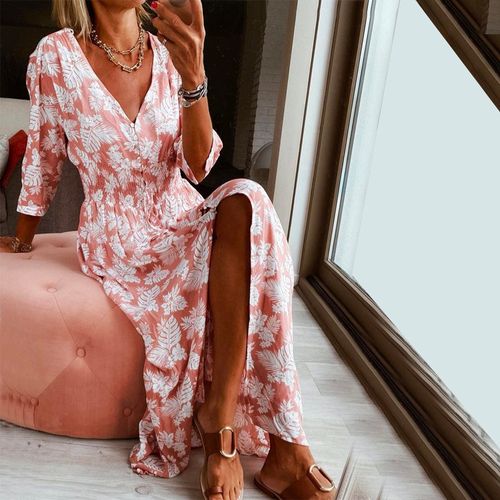 Pink Long Sleeve Print Maxi Dress